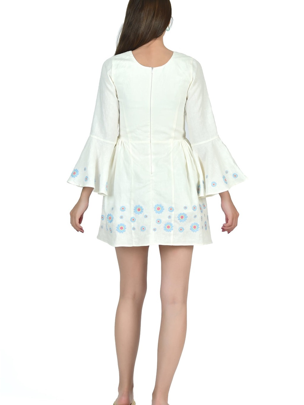 Fanm Mon White Mini Dress with Blue & Pink Floral Embroidery - Picture 2 of 7